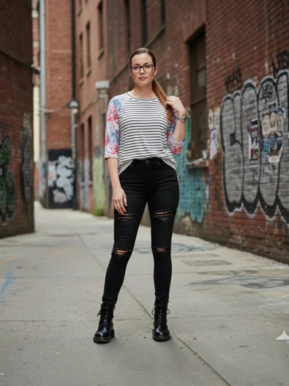 Oversized Mixed Media Stretchy Short Sleeve Stripes & Floral Tee